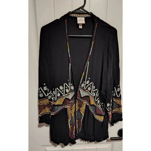 Knox Rose Size medium boho embroidered open kimono fringe black - Picture 2 of 7